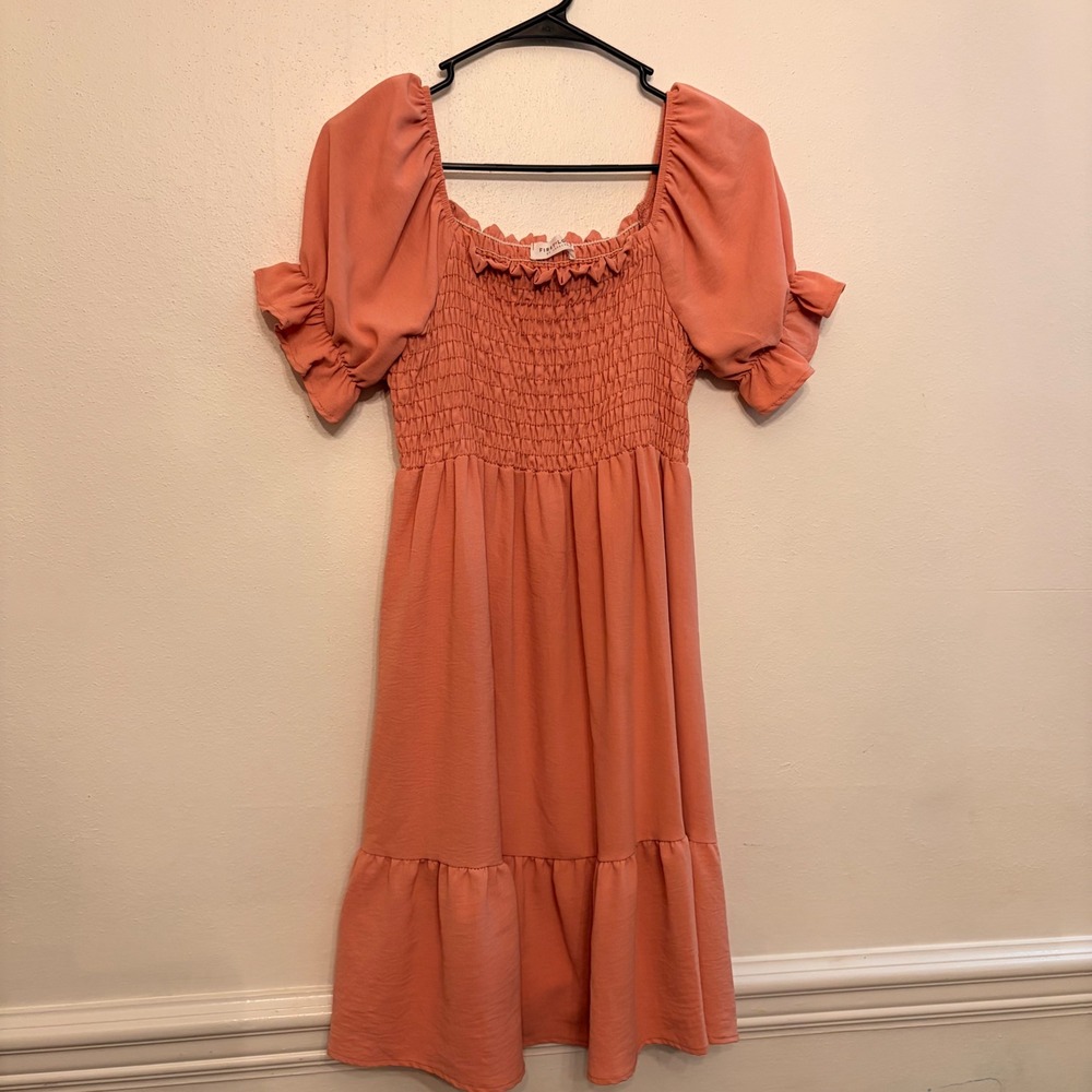First Love by Lovelyn Smocked Tiered Dress Womens Small Coral Puff Sleeve MINI
